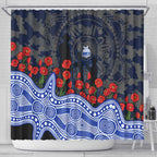 North Melbourne Kangaroos ANZAC Day Shower Curtain Indigenous Dot Art with Poppy Flower Tribute