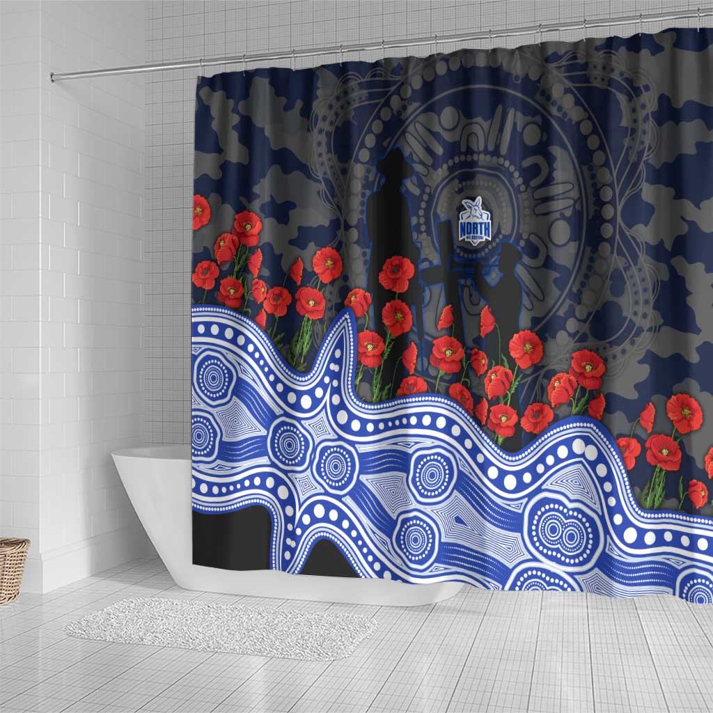 North Melbourne Kangaroos ANZAC Day Shower Curtain Indigenous Dot Art with Poppy Flower Tribute