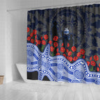 North Melbourne Kangaroos ANZAC Day Shower Curtain Indigenous Dot Art with Poppy Flower Tribute