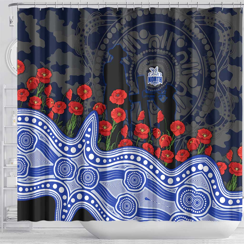 North Melbourne Kangaroos ANZAC Day Shower Curtain Indigenous Dot Art with Poppy Flower Tribute