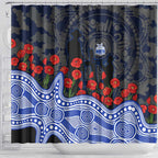 North Melbourne Kangaroos ANZAC Day Shower Curtain Indigenous Dot Art with Poppy Flower Tribute