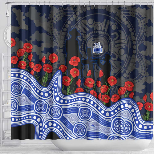 North Melbourne Kangaroos ANZAC Day Shower Curtain Indigenous Dot Art with Poppy Flower Tribute