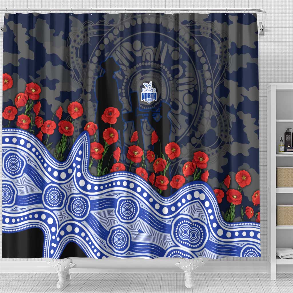 North Melbourne Kangaroos ANZAC Day Shower Curtain Indigenous Dot Art with Poppy Flower Tribute