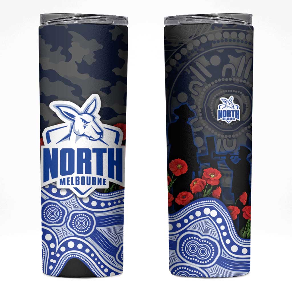 North Melbourne Kangaroos ANZAC Day Skinny Tumbler Indigenous Dot Art with Poppy Flower Tribute
