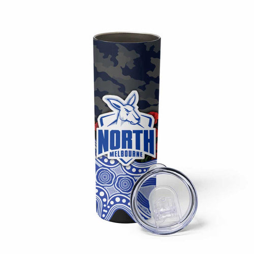 North Melbourne Kangaroos ANZAC Day Skinny Tumbler Indigenous Dot Art with Poppy Flower Tribute