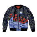 North Melbourne Kangaroos ANZAC Day Sleeve Zip Bomber Jacket Indigenous Dot Art with Poppy Flower Tribute