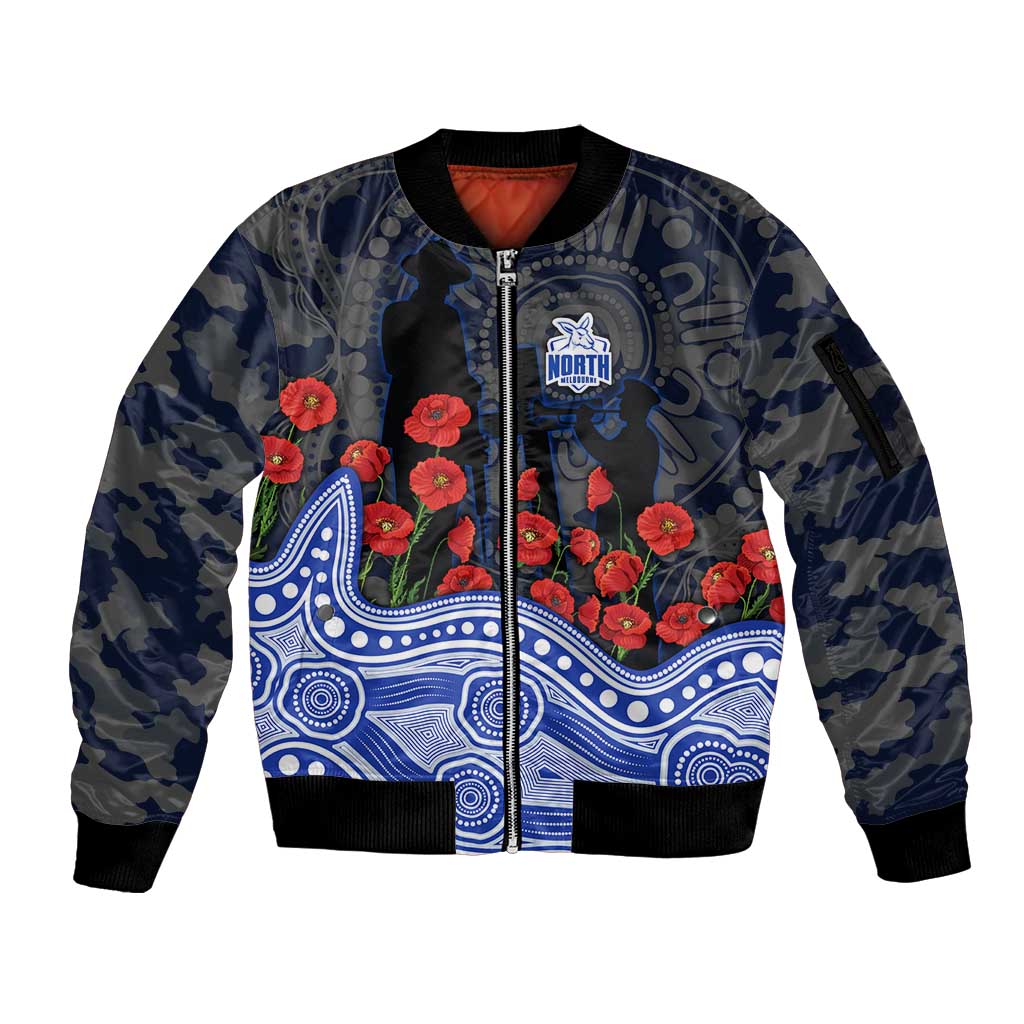 North Melbourne Kangaroos ANZAC Day Sleeve Zip Bomber Jacket Indigenous Dot Art with Poppy Flower Tribute