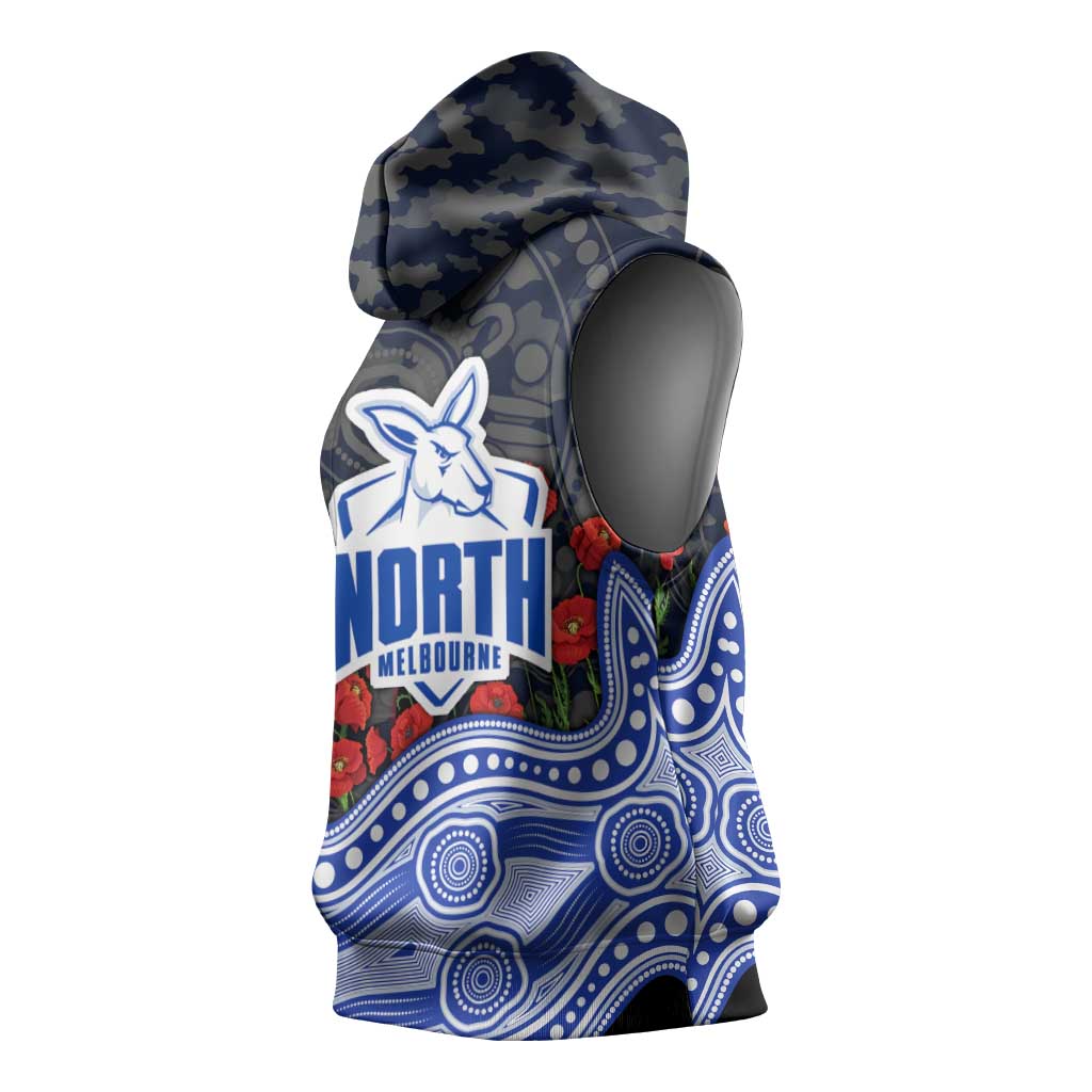 North Melbourne Kangaroos ANZAC Day Sleeveless Hoodie Indigenous Dot Art with Poppy Flower Tribute
