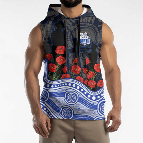North Melbourne Kangaroos ANZAC Day Sleeveless Hoodie Indigenous Dot Art with Poppy Flower Tribute
