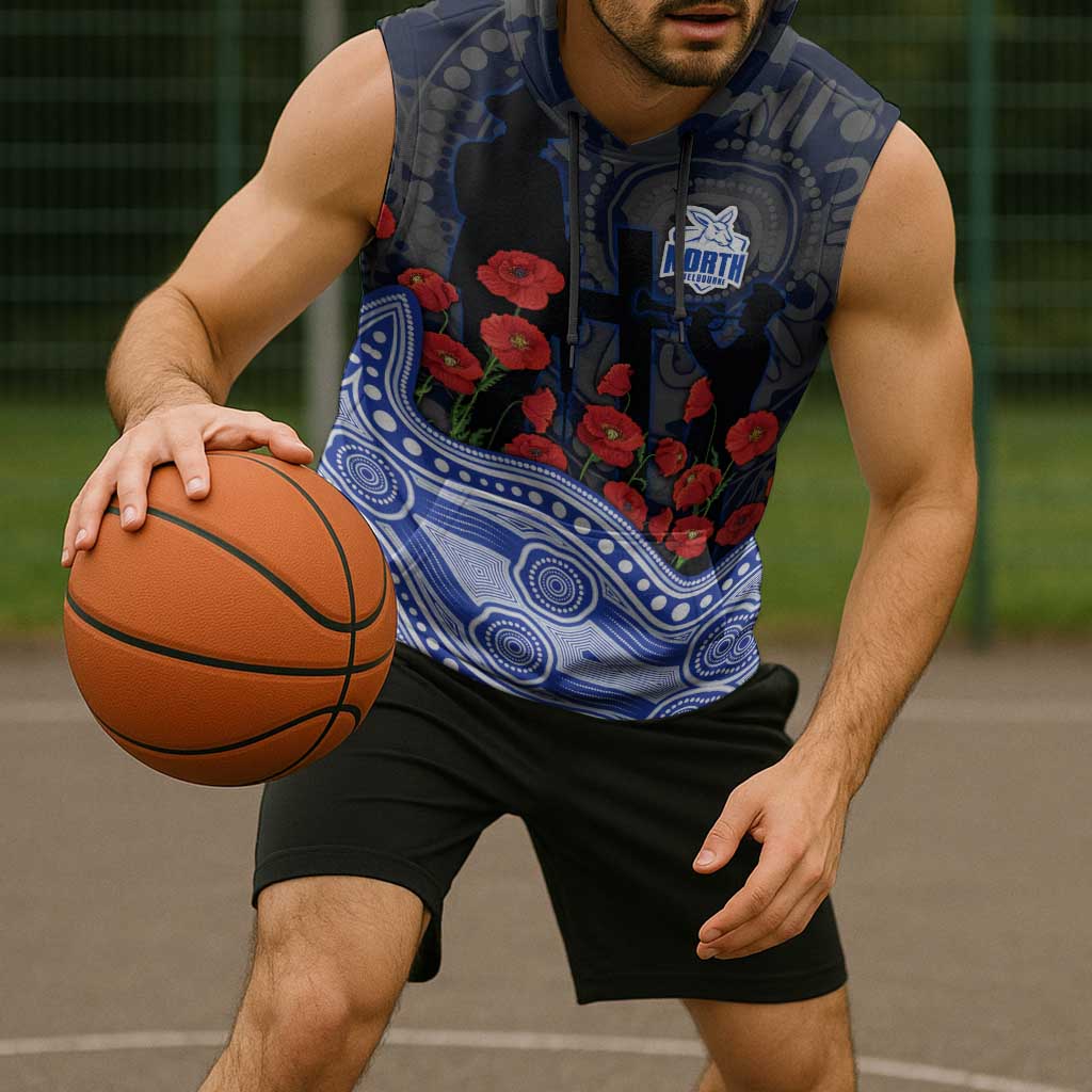 North Melbourne Kangaroos ANZAC Day Sleeveless Hoodie Indigenous Dot Art with Poppy Flower Tribute