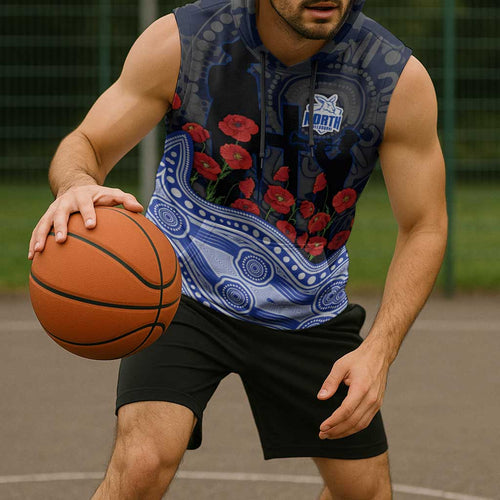 North Melbourne Kangaroos ANZAC Day Sleeveless Hoodie Indigenous Dot Art with Poppy Flower Tribute