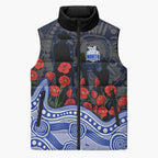 North Melbourne Kangaroos ANZAC Day Sleeveless Puffer Jacket Indigenous Dot Art with Poppy Flower Tribute