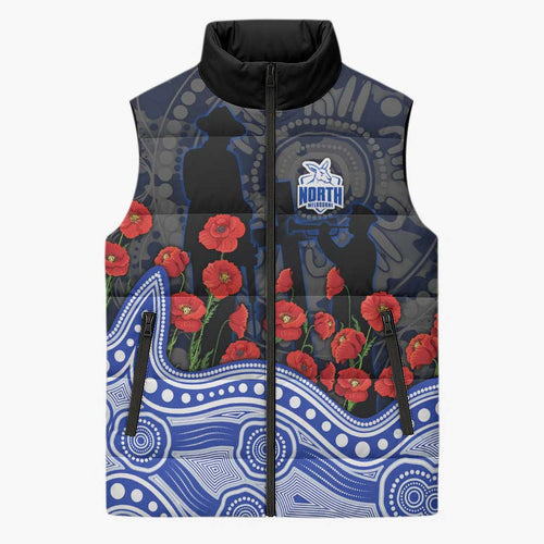 North Melbourne Kangaroos ANZAC Day Sleeveless Puffer Jacket Indigenous Dot Art with Poppy Flower Tribute