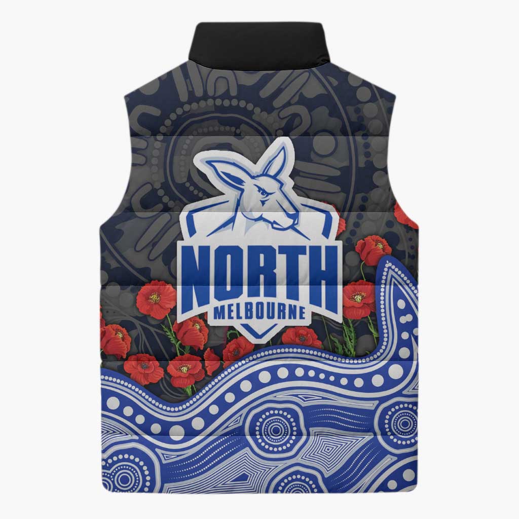 North Melbourne Kangaroos ANZAC Day Sleeveless Puffer Jacket Indigenous Dot Art with Poppy Flower Tribute