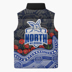 North Melbourne Kangaroos ANZAC Day Sleeveless Puffer Jacket Indigenous Dot Art with Poppy Flower Tribute