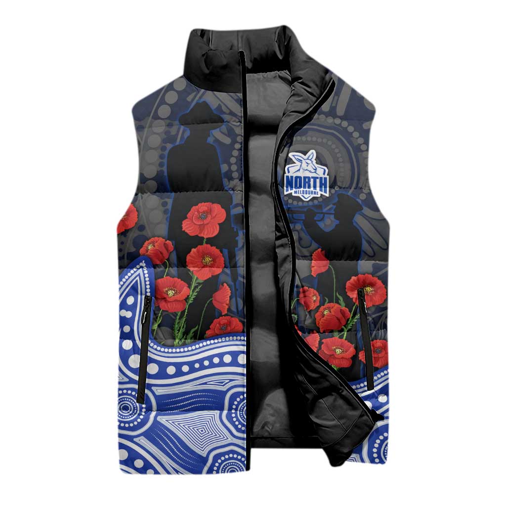 North Melbourne Kangaroos ANZAC Day Sleeveless Puffer Jacket Indigenous Dot Art with Poppy Flower Tribute