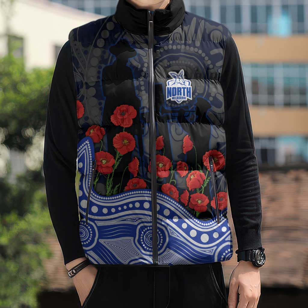 North Melbourne Kangaroos ANZAC Day Sleeveless Puffer Jacket Indigenous Dot Art with Poppy Flower Tribute