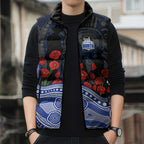 North Melbourne Kangaroos ANZAC Day Sleeveless Puffer Jacket Indigenous Dot Art with Poppy Flower Tribute
