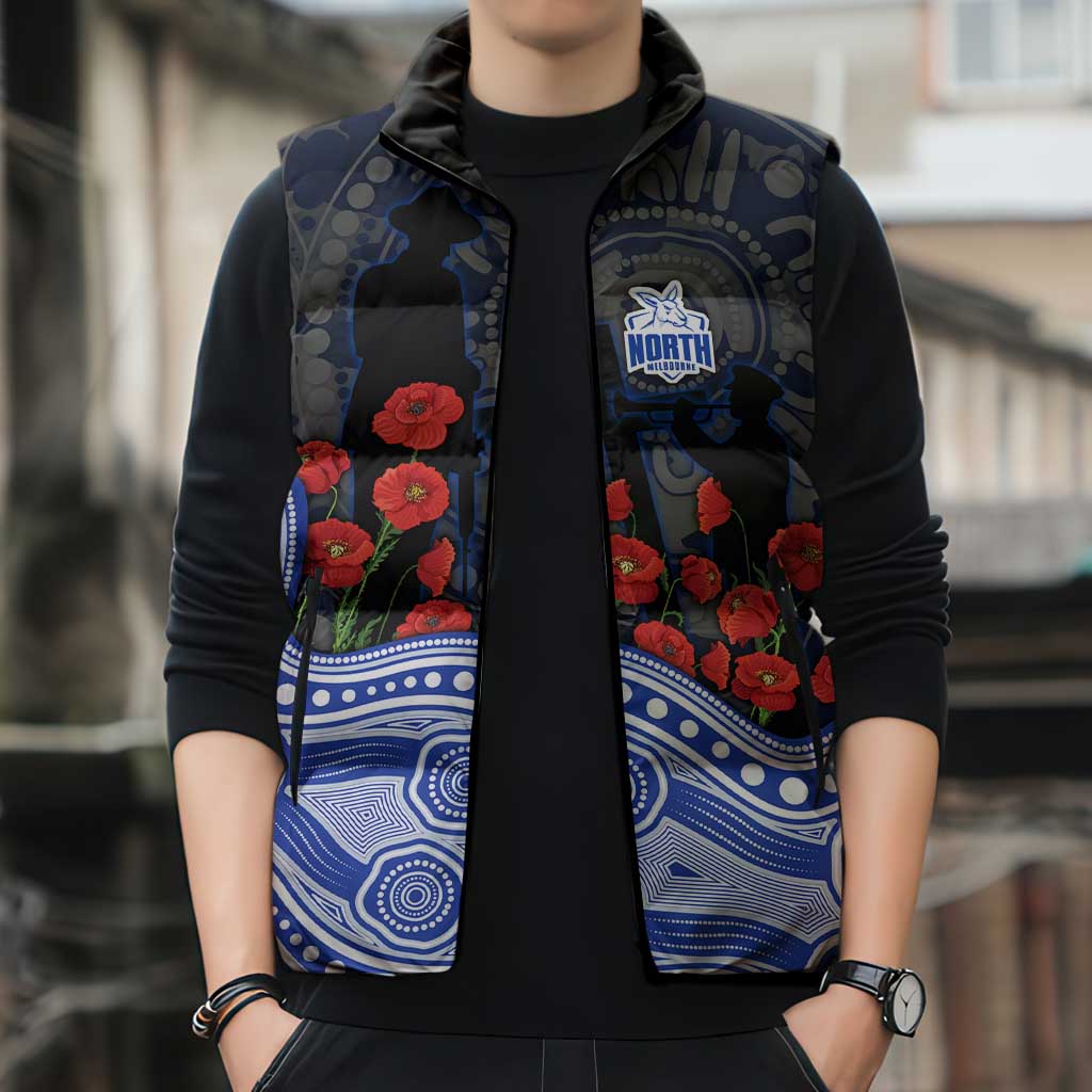 North Melbourne Kangaroos ANZAC Day Sleeveless Puffer Jacket Indigenous Dot Art with Poppy Flower Tribute