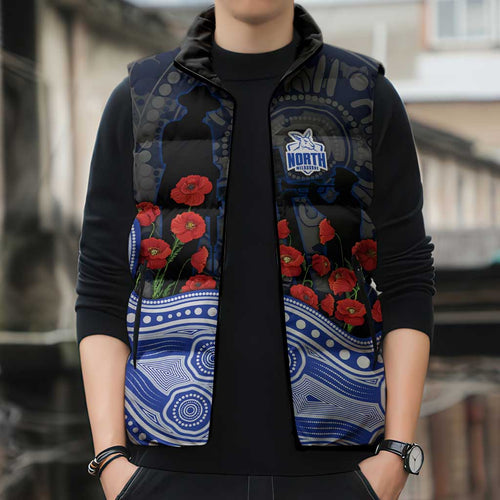 North Melbourne Kangaroos ANZAC Day Sleeveless Puffer Jacket Indigenous Dot Art with Poppy Flower Tribute