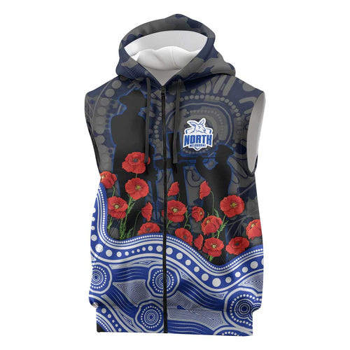 North Melbourne Kangaroos ANZAC Day Sleeveless Zip Hoodie Indigenous Dot Art with Poppy Flower Tribute