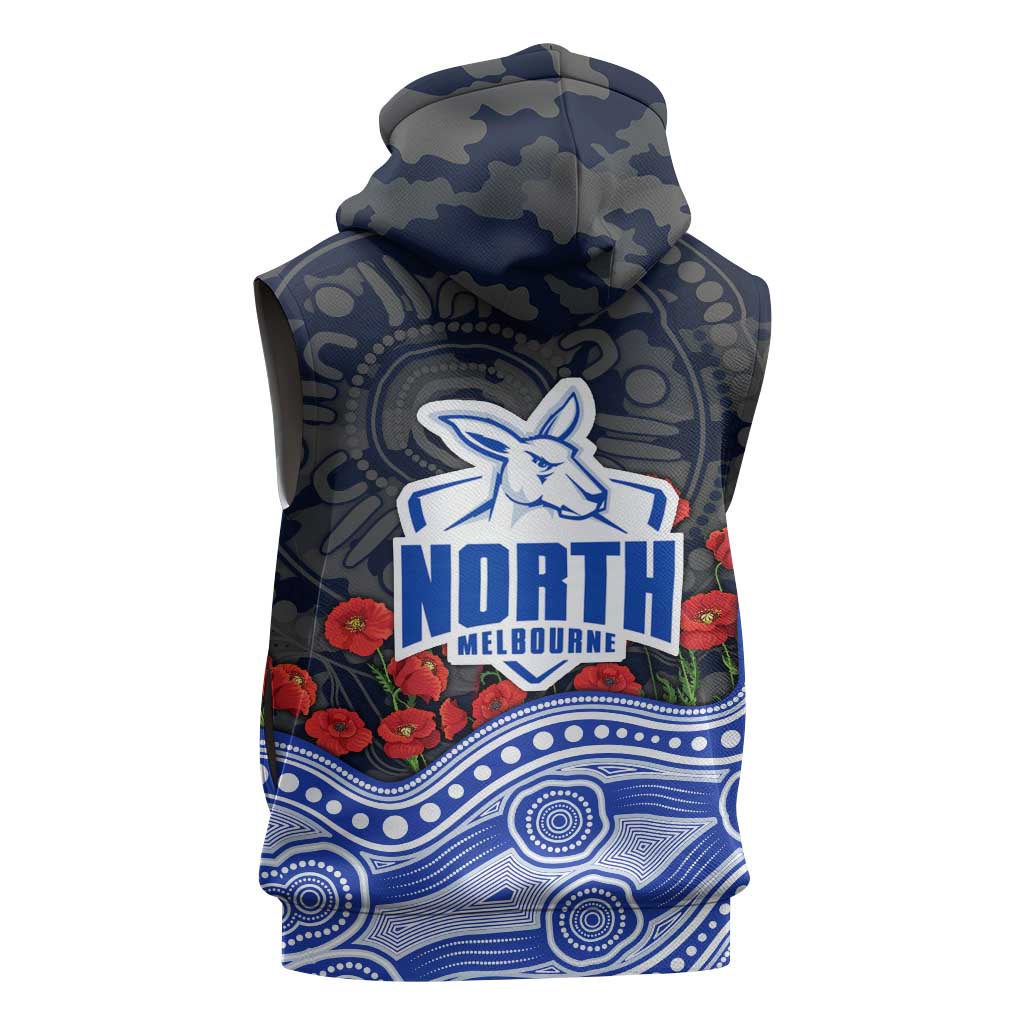 North Melbourne Kangaroos ANZAC Day Sleeveless Zip Hoodie Indigenous Dot Art with Poppy Flower Tribute