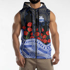 North Melbourne Kangaroos ANZAC Day Sleeveless Zip Hoodie Indigenous Dot Art with Poppy Flower Tribute