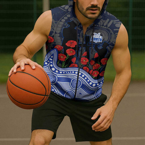 North Melbourne Kangaroos ANZAC Day Sleeveless Zip Hoodie Indigenous Dot Art with Poppy Flower Tribute
