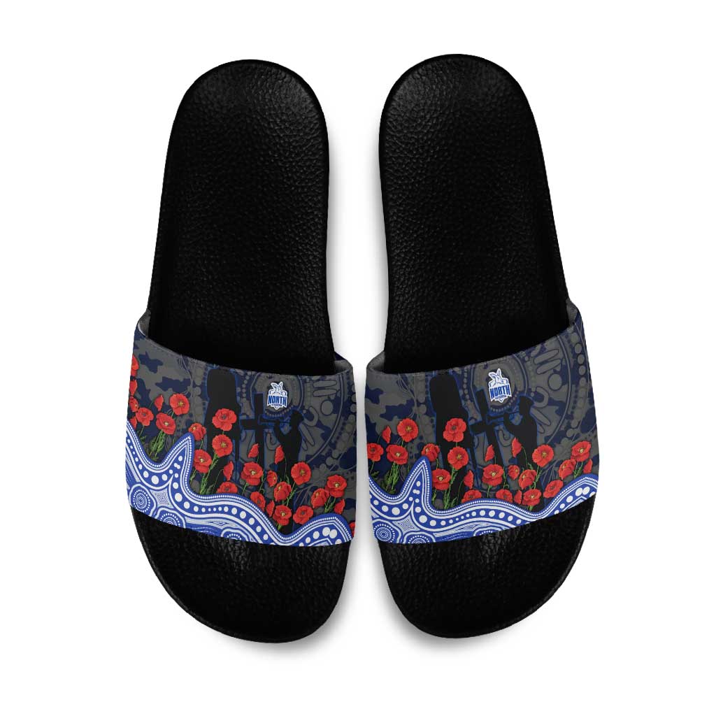 North Melbourne Kangaroos ANZAC Day Slide Sandals Indigenous Dot Art with Poppy Flower Tribute