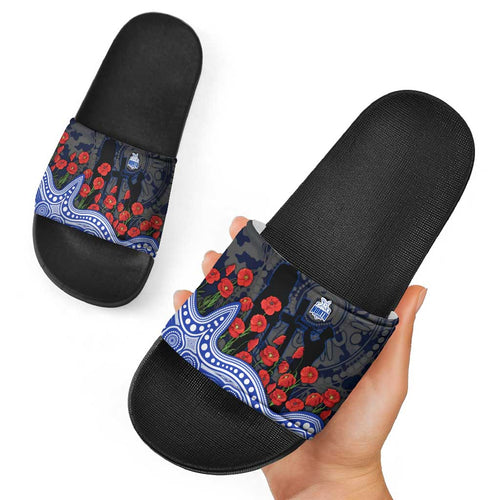 North Melbourne Kangaroos ANZAC Day Slide Sandals Indigenous Dot Art with Poppy Flower Tribute