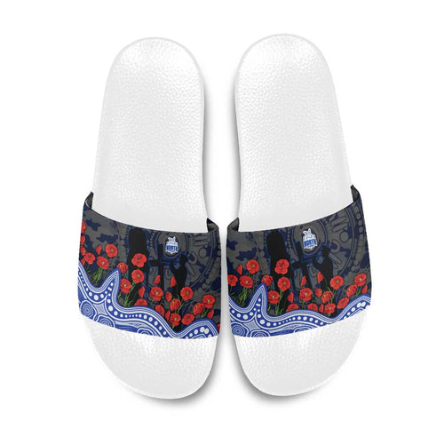 North Melbourne Kangaroos ANZAC Day Slide Sandals Indigenous Dot Art with Poppy Flower Tribute