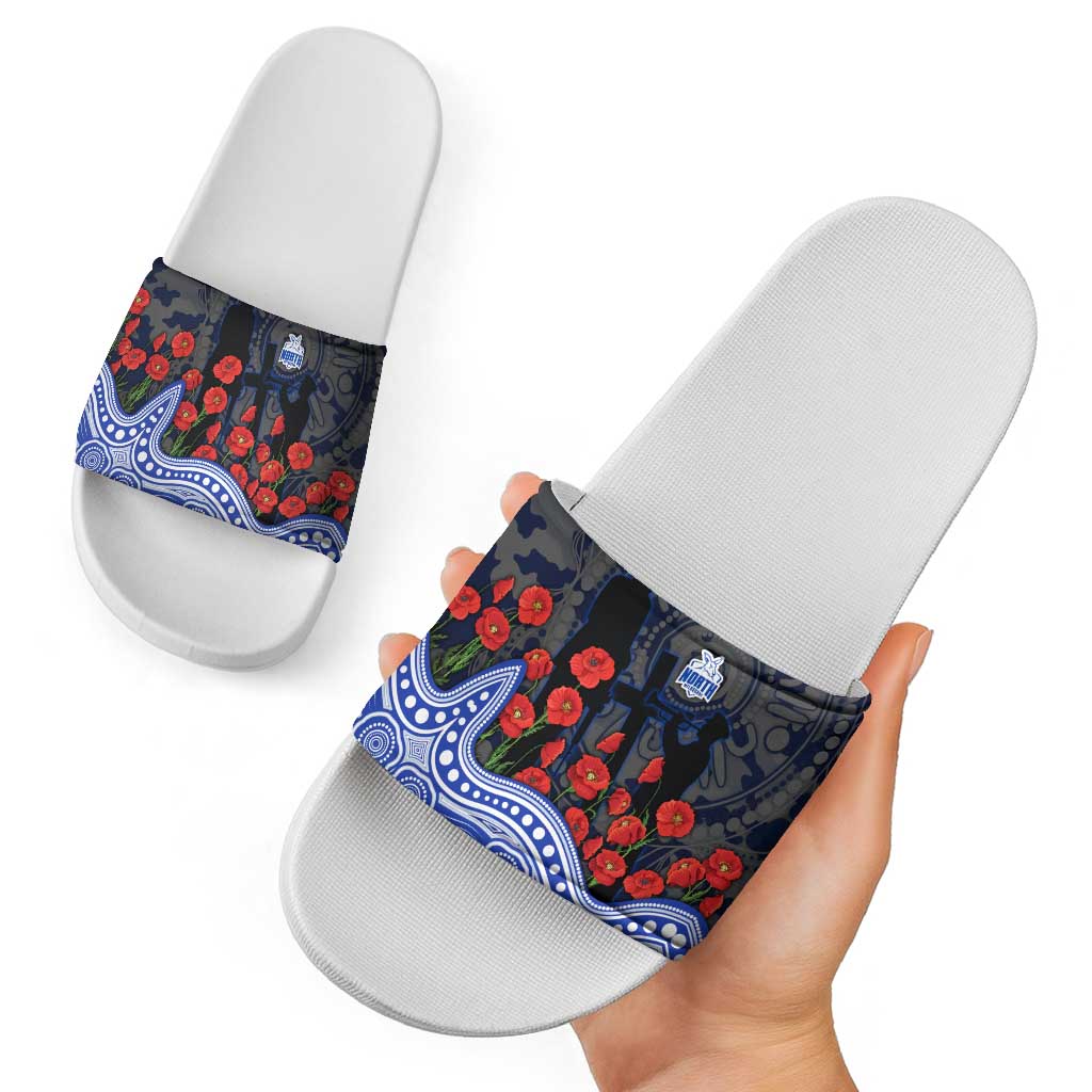 North Melbourne Kangaroos ANZAC Day Slide Sandals Indigenous Dot Art with Poppy Flower Tribute