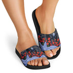 North Melbourne Kangaroos ANZAC Day Slide Sandals Indigenous Dot Art with Poppy Flower Tribute