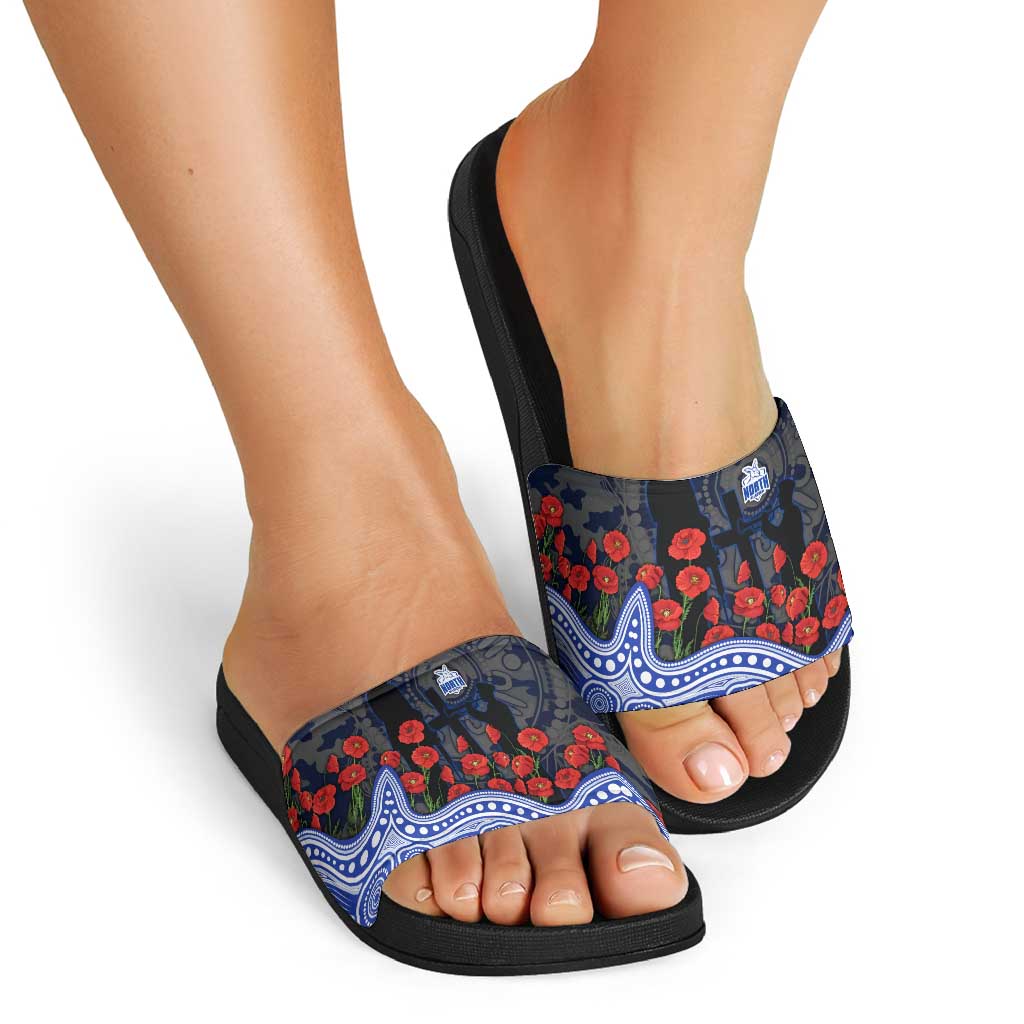 North Melbourne Kangaroos ANZAC Day Slide Sandals Indigenous Dot Art with Poppy Flower Tribute