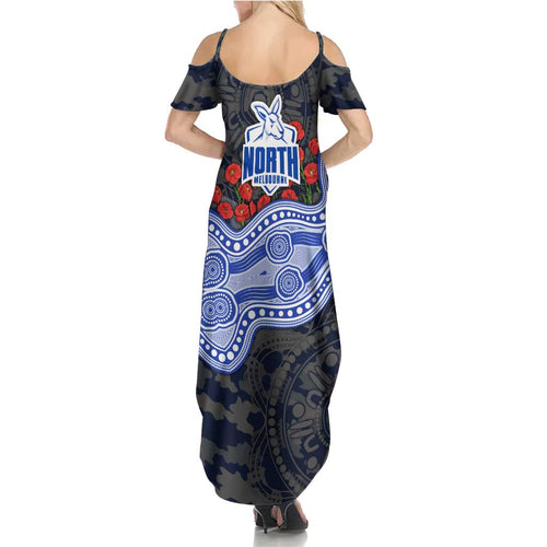 North Melbourne Kangaroos ANZAC Day Summer Maxi Dress Indigenous Dot Art with Poppy Flower Tribute