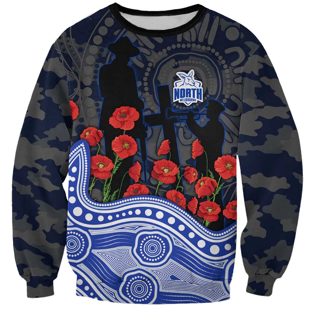 North Melbourne Kangaroos ANZAC Day Sweatshirt Indigenous Dot Art with Poppy Flower Tribute
