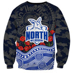 North Melbourne Kangaroos ANZAC Day Sweatshirt Indigenous Dot Art with Poppy Flower Tribute