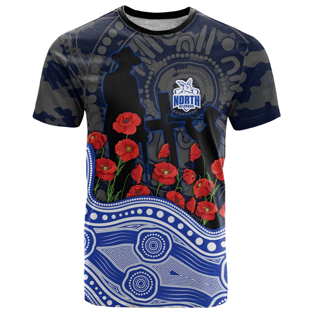 North Melbourne Kangaroos ANZAC Day T Shirt Indigenous Dot Art with Poppy Flower Tribute