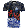 North Melbourne Kangaroos ANZAC Day T Shirt Indigenous Dot Art with Poppy Flower Tribute