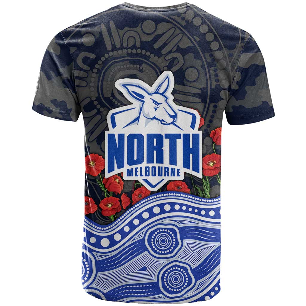 North Melbourne Kangaroos ANZAC Day T Shirt Indigenous Dot Art with Poppy Flower Tribute