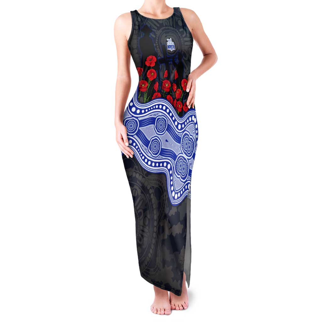 North Melbourne Kangaroos ANZAC Day Tank Maxi Dress Indigenous Dot Art with Poppy Flower Tribute