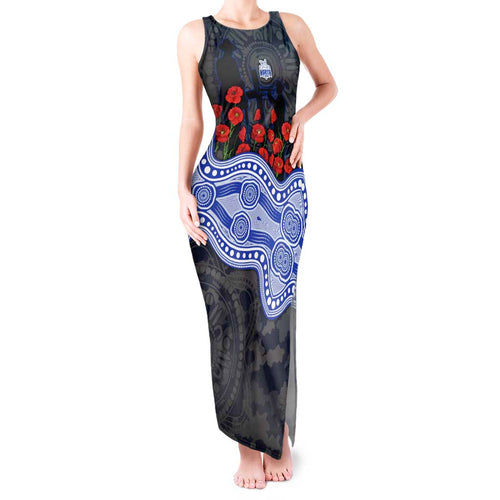 North Melbourne Kangaroos ANZAC Day Tank Maxi Dress Indigenous Dot Art with Poppy Flower Tribute
