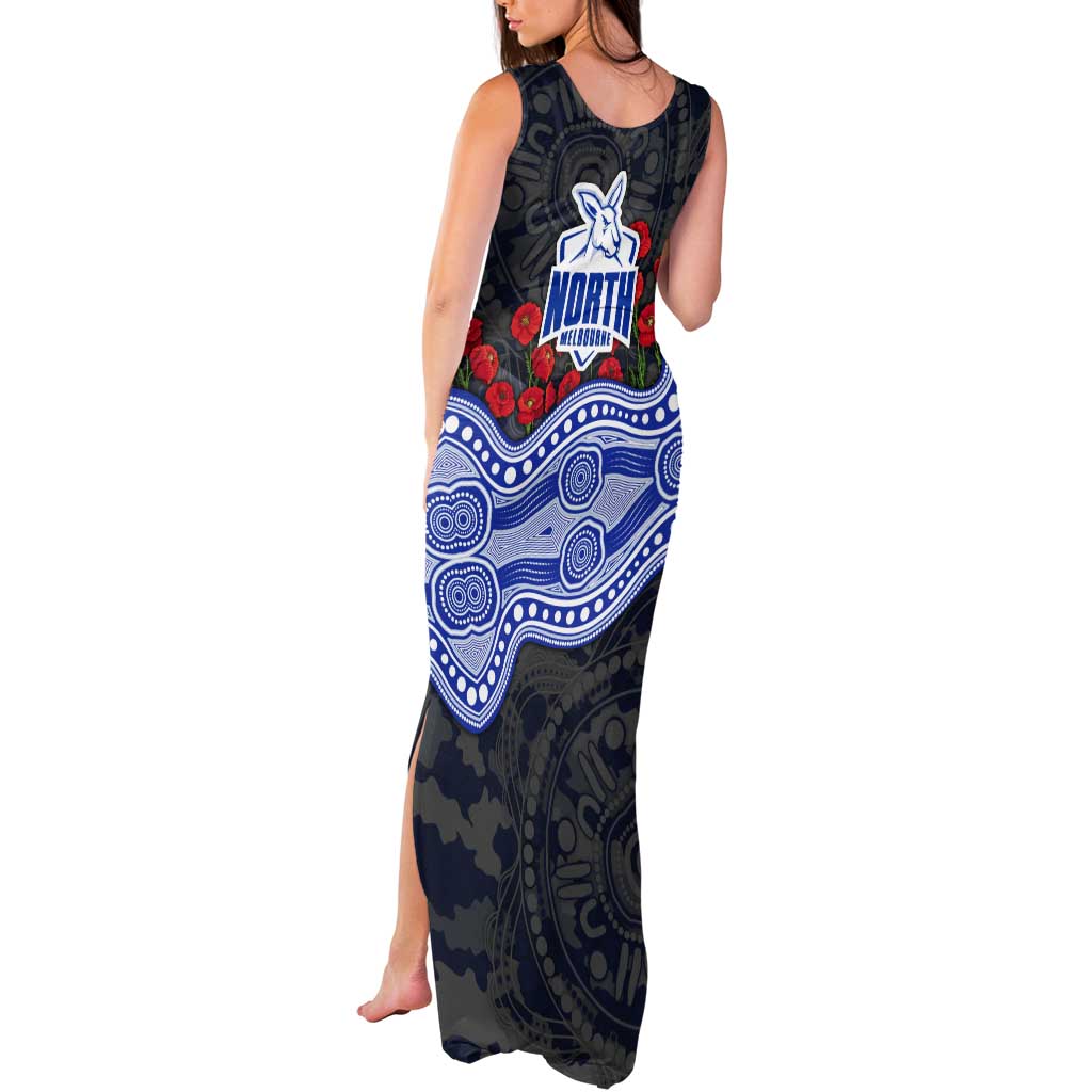 North Melbourne Kangaroos ANZAC Day Tank Maxi Dress Indigenous Dot Art with Poppy Flower Tribute