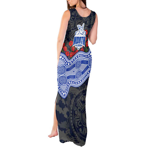 North Melbourne Kangaroos ANZAC Day Tank Maxi Dress Indigenous Dot Art with Poppy Flower Tribute