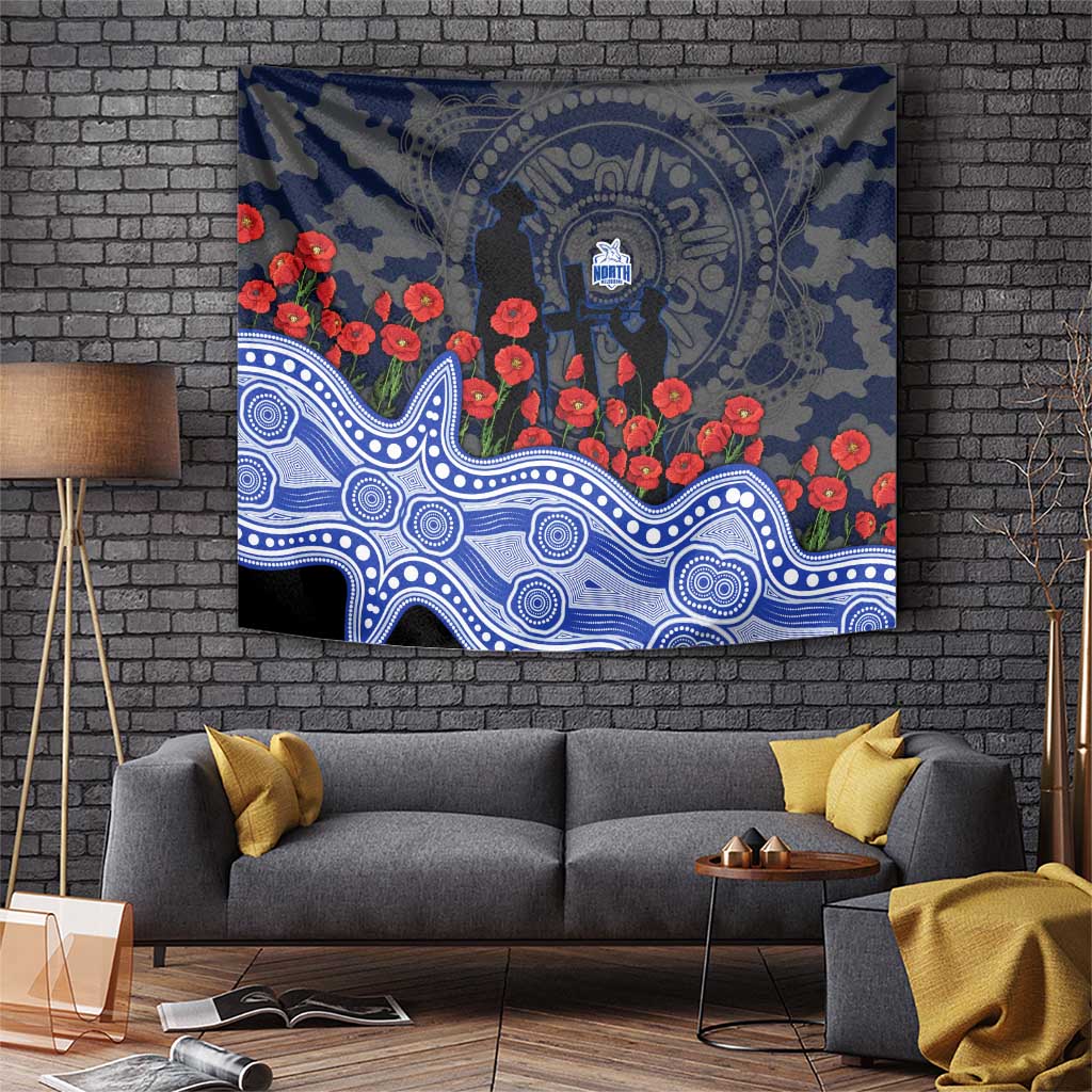 North Melbourne Kangaroos ANZAC Day Tapestry Indigenous Dot Art with Poppy Flower Tribute