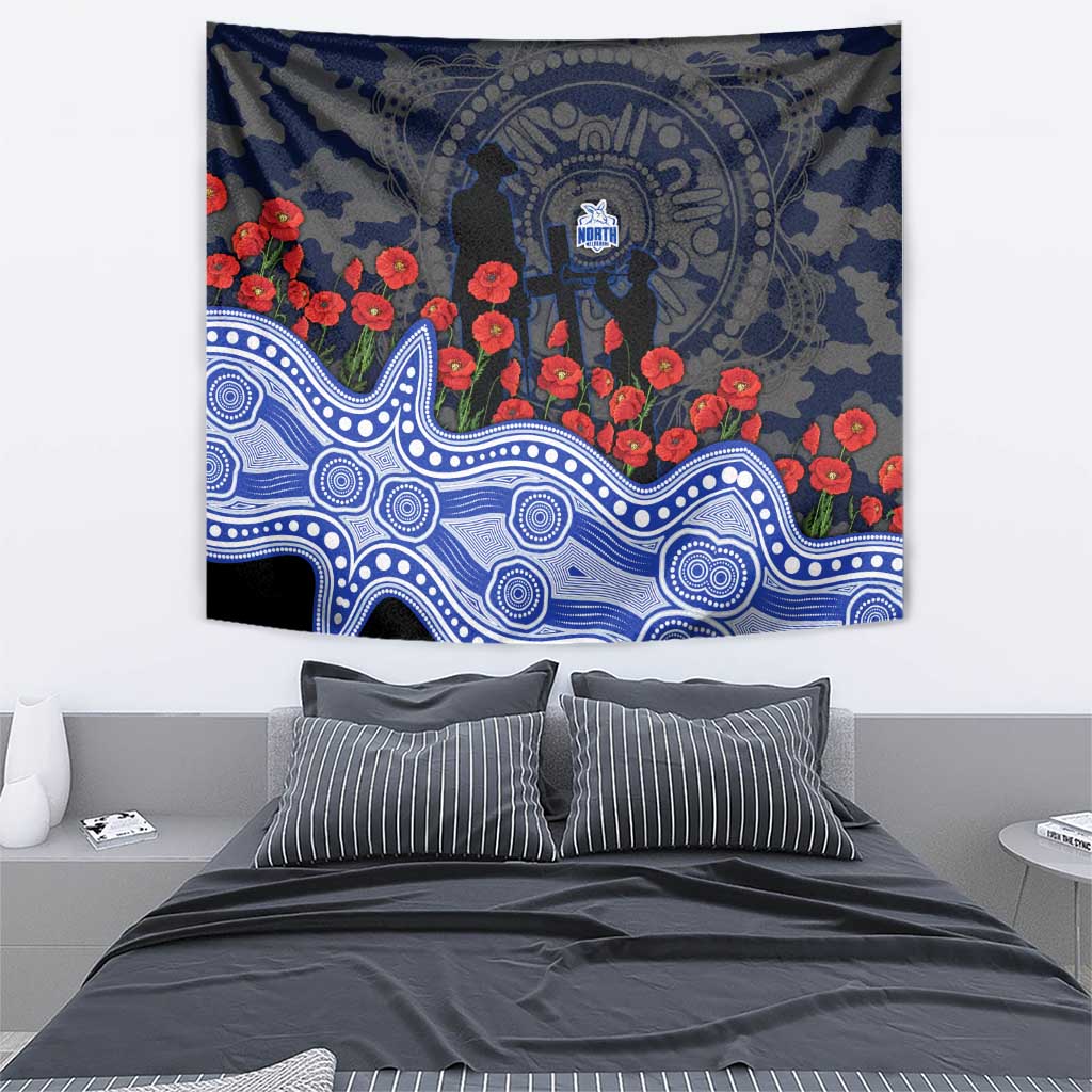 North Melbourne Kangaroos ANZAC Day Tapestry Indigenous Dot Art with Poppy Flower Tribute
