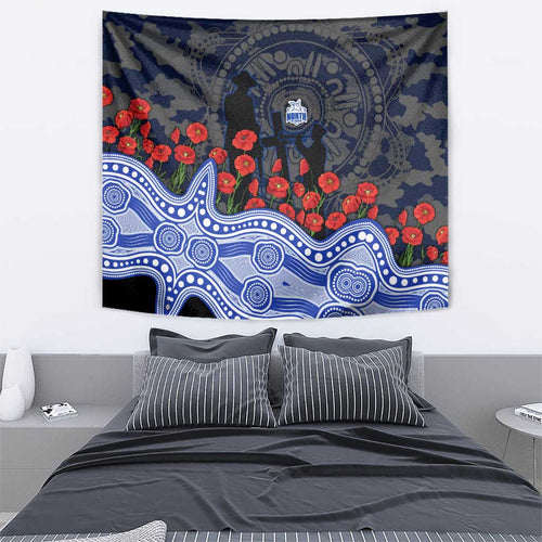 North Melbourne Kangaroos ANZAC Day Tapestry Indigenous Dot Art with Poppy Flower Tribute