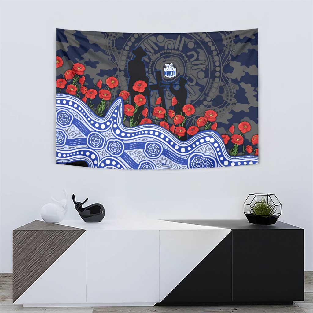 North Melbourne Kangaroos ANZAC Day Tapestry Indigenous Dot Art with Poppy Flower Tribute