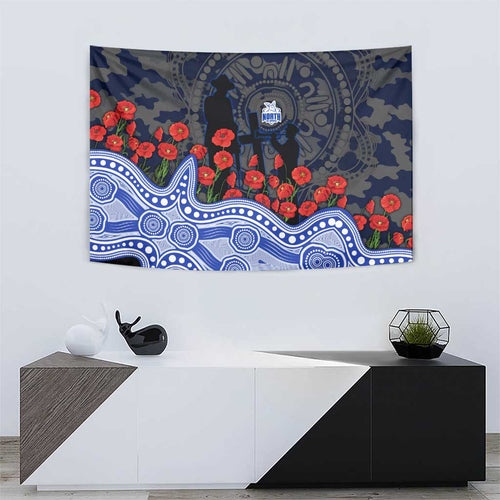 North Melbourne Kangaroos ANZAC Day Tapestry Indigenous Dot Art with Poppy Flower Tribute