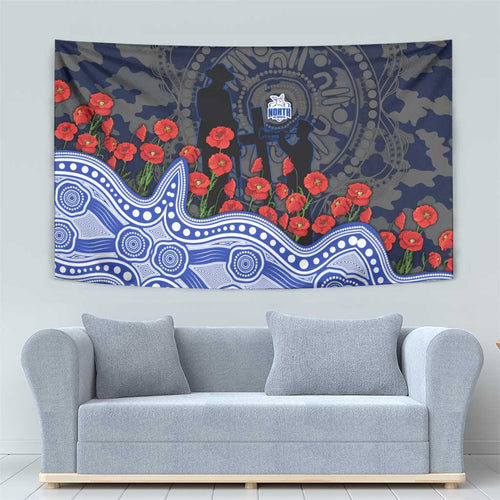 North Melbourne Kangaroos ANZAC Day Tapestry Indigenous Dot Art with Poppy Flower Tribute